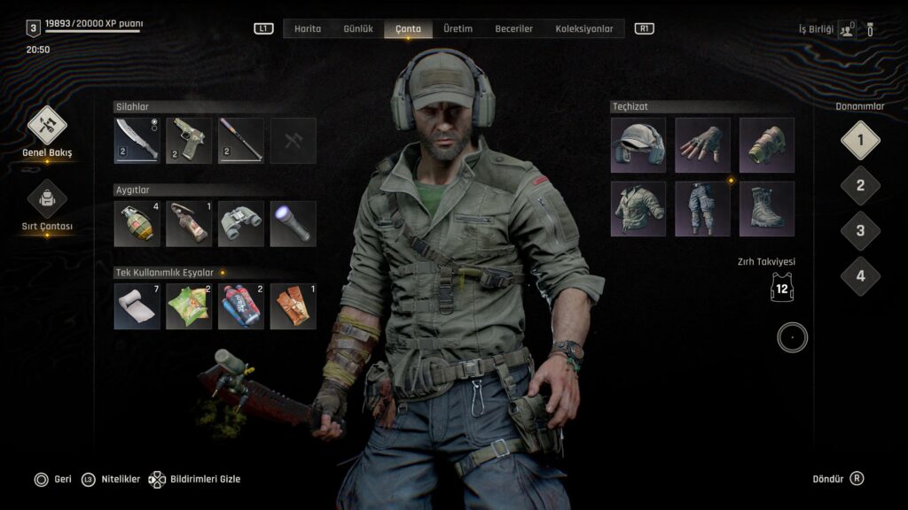 Dying Light: The Beast içinde düzenleme yapabildiğimiz kişisel envanterimiz
